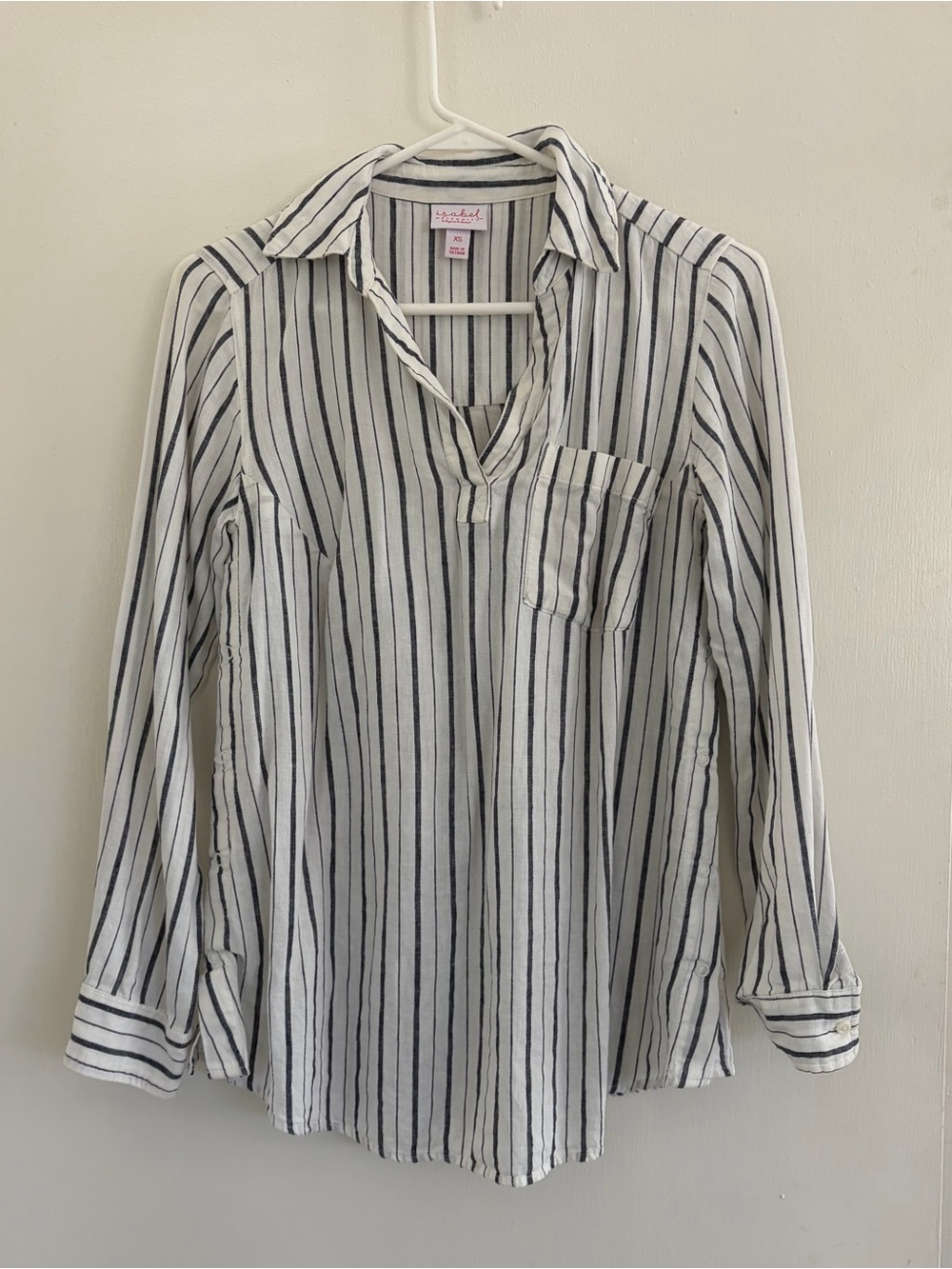 Lightweight White and Black Striped Women's Maternity Button-Front Shirt